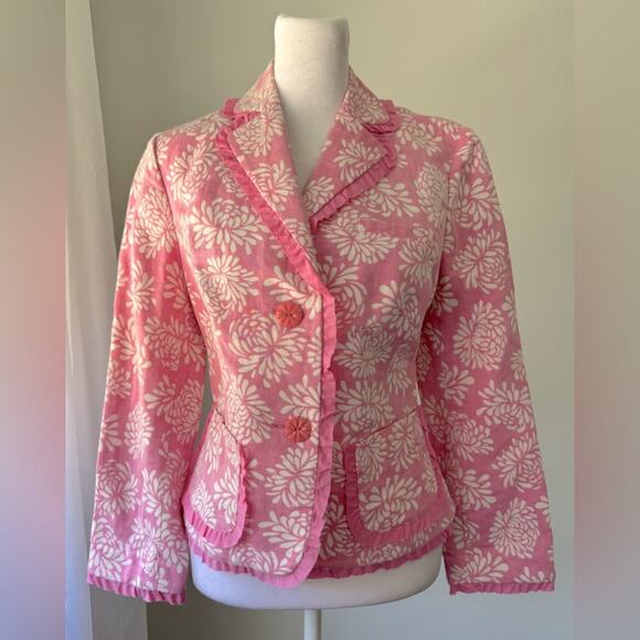 Sigrid Olsen Pink & Ivory Floral Print Linen Blend Single Breasted Blazer - Picture 1 of 9